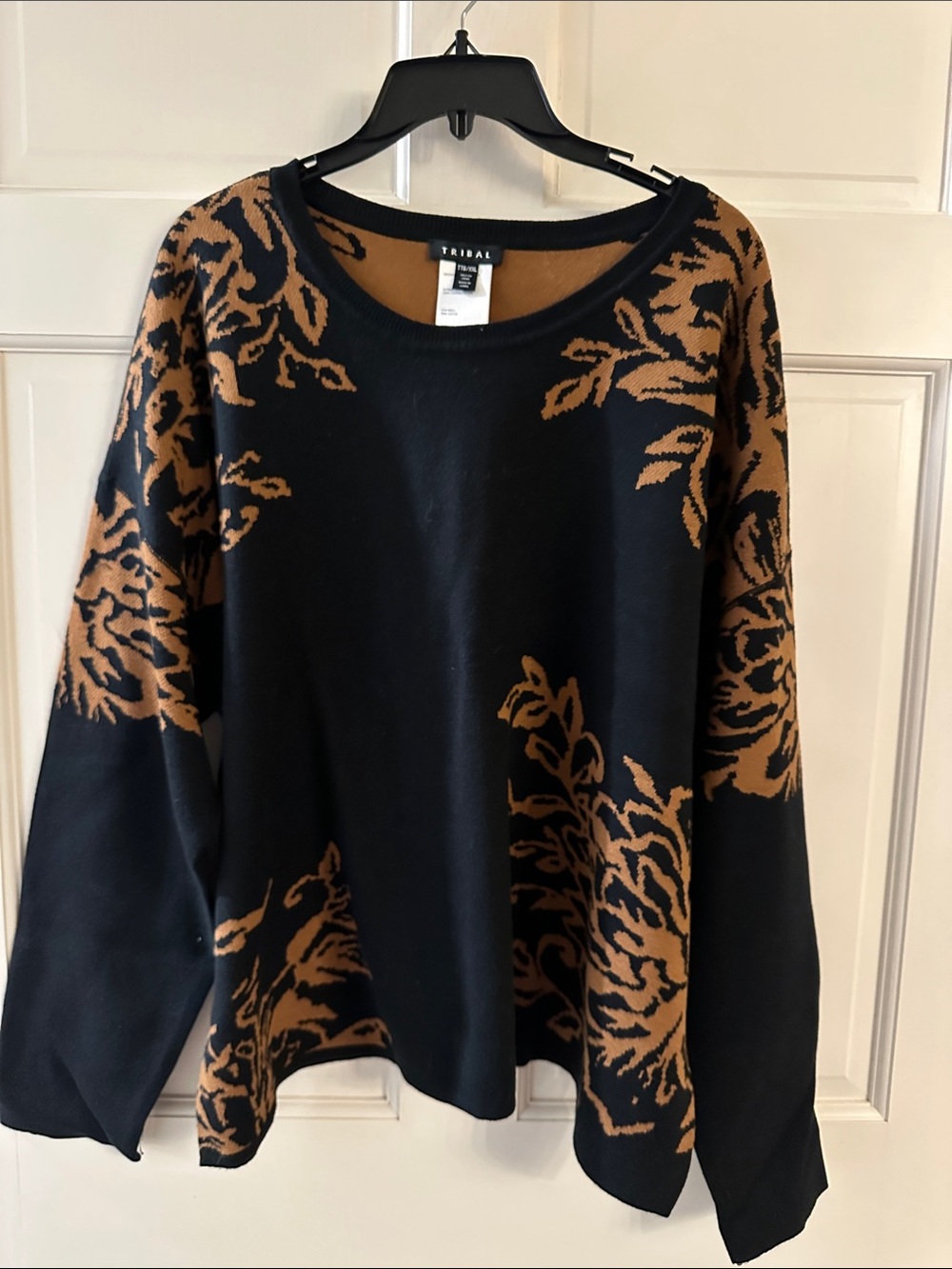 Tribal Black and Camel Floral-Print Pullover Sweater